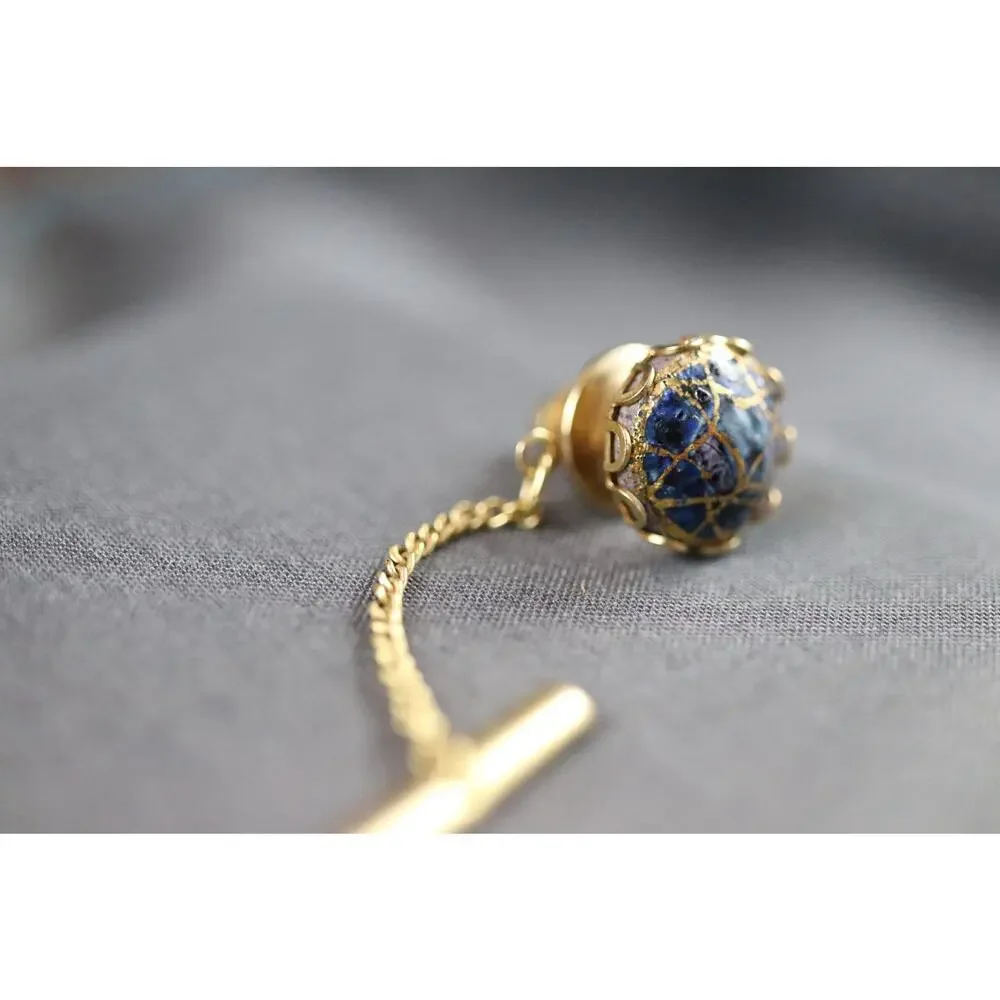 Vintage Gold Tone Tie Tack, Lapis-Style Mosaic Stone Ball, Chain & Bar Back